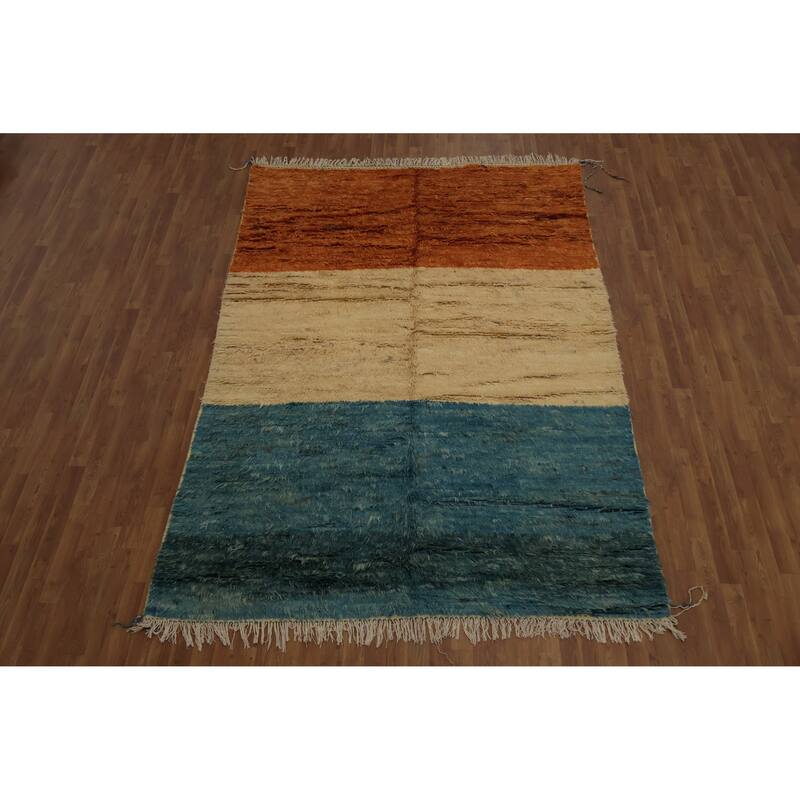 Hand Knotted Oriental 100% Wool Carpet Modern Stripe Multi-Colored Moroccan Area Rug - 9' 10'' X 6' 10''