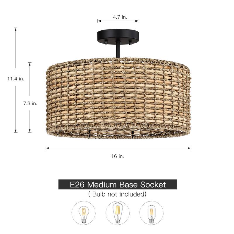 Lennie 3-Light Rattan Drum Semi-Flush Mount Ceiling Light - 16'' W