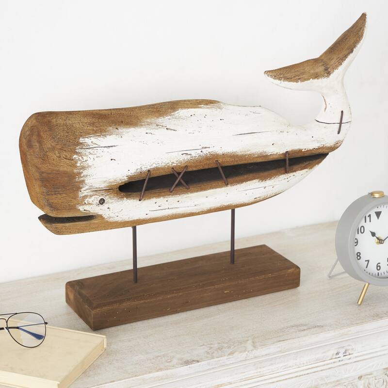 Wood Whale Handmade Decorative Sculpture with Painted White Accents and Metal Details - Brown - Roche River Decor