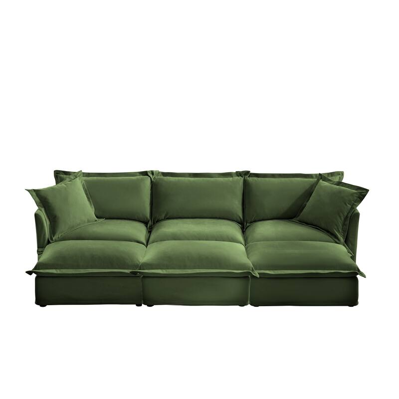 120" Chenille 3-Seater Sofa Set with 3 Ottomans, Sleeper Function & Removable Slipcovers
