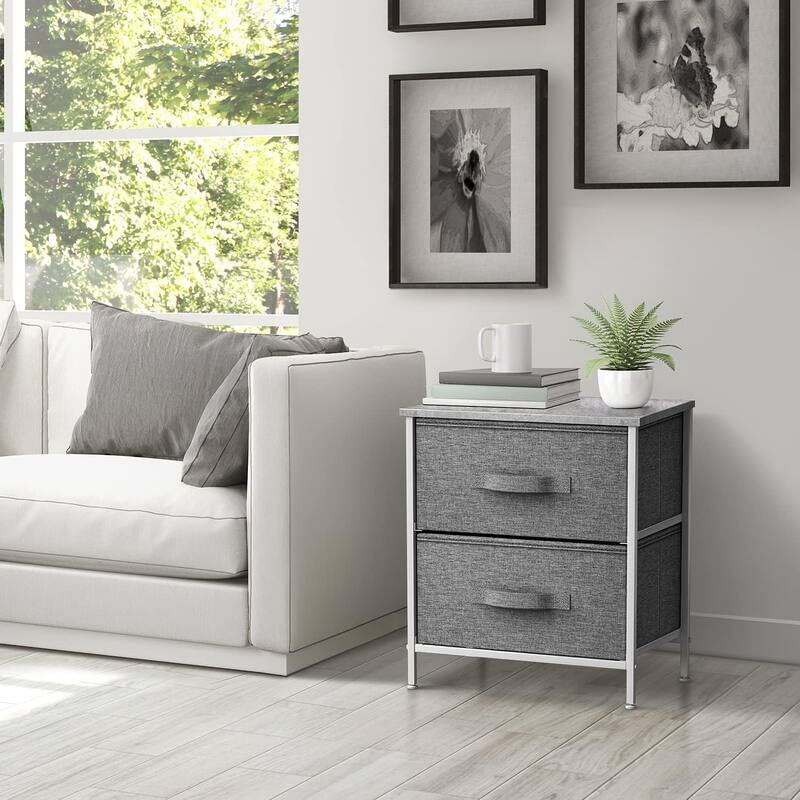 2 Drawer Nightstand Dresser Organizer Steel Frame Wood Top Fabric Bins