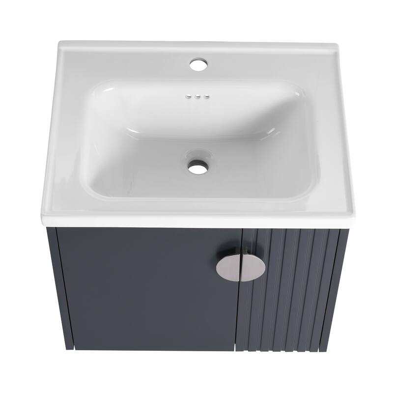 Modern Wall-Mounted Bathroom Vanity with Ceramic Sink, Soft-Close Doors, and 3 Pairs of Metal Handles for Customization