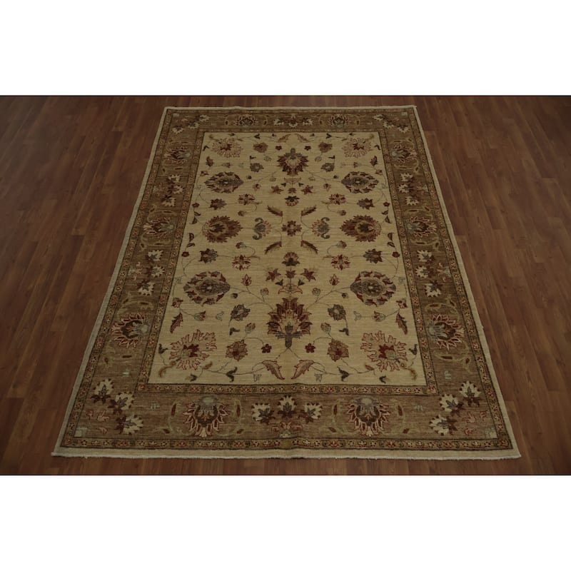 Hand Knotted Oriental 100% Wool Carpet Traditional Floral Beige & Ivories Peshawar Area Rug - 8' 4'' X 6' 2''