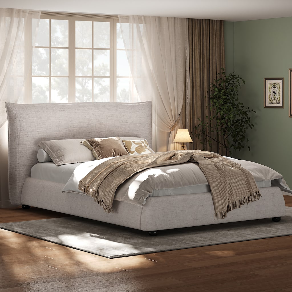 Twin Size Upholstered Platform Bed with Linen Pillow-Back Headboard