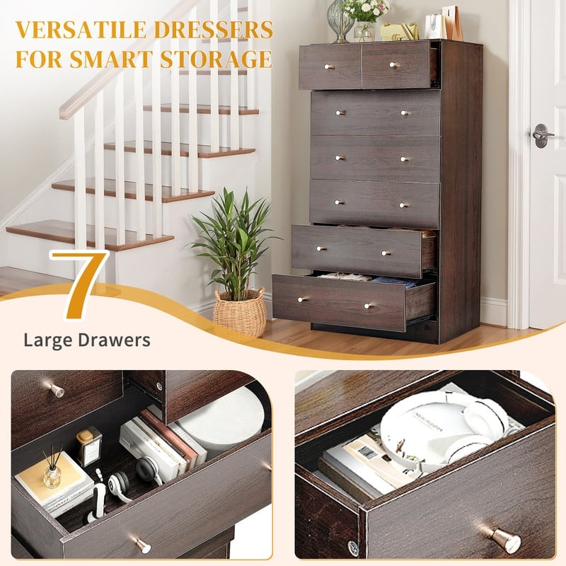 Large 7-Drawer Dresser For Bedroom And Chest Of Drawers With Sturdy Construction Wood Storage Organizer For Closet