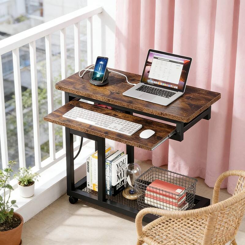 Mobile C-Shaped Console Table with Wheels - Narrow Desk & Charging Station
