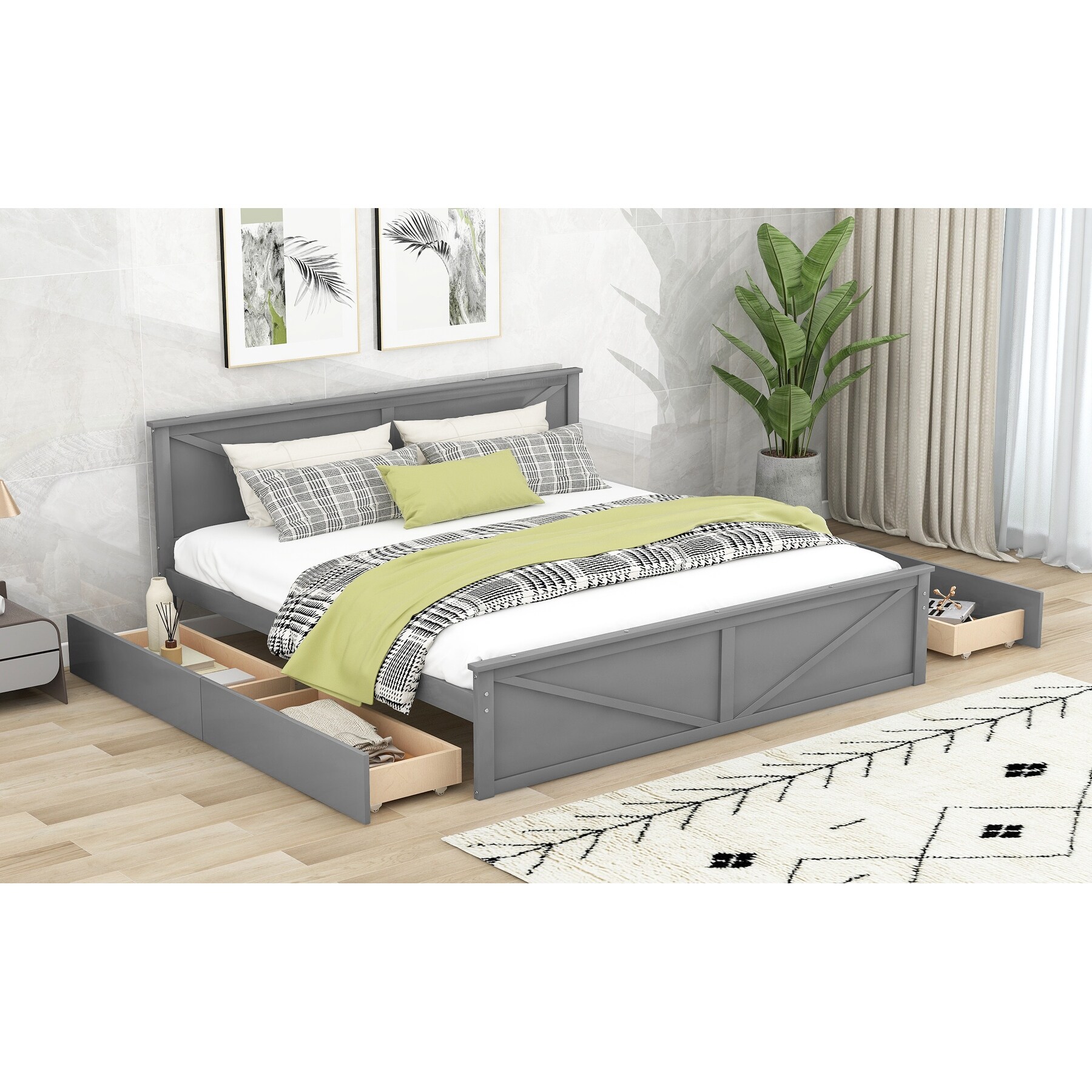 King Size Platform Bed with 4 Drawers and Support Legs Solid Wood