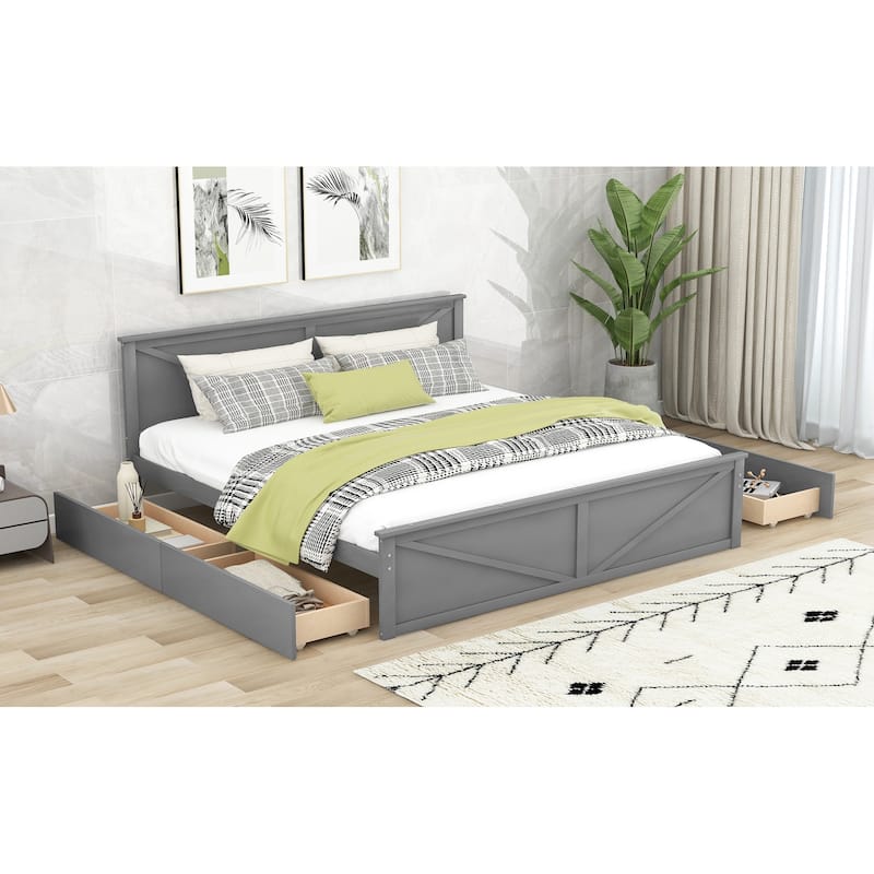 King Size Platform Bed with Four Storage Drawers and Support Legs