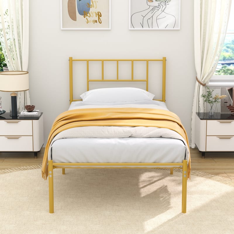 VECELO Victorian Style Metal Platform Bed Frame with Headboard & 12.6" Under Bed Storage-Twin/Full/Queen Size Steel Bed - Gold - Twin