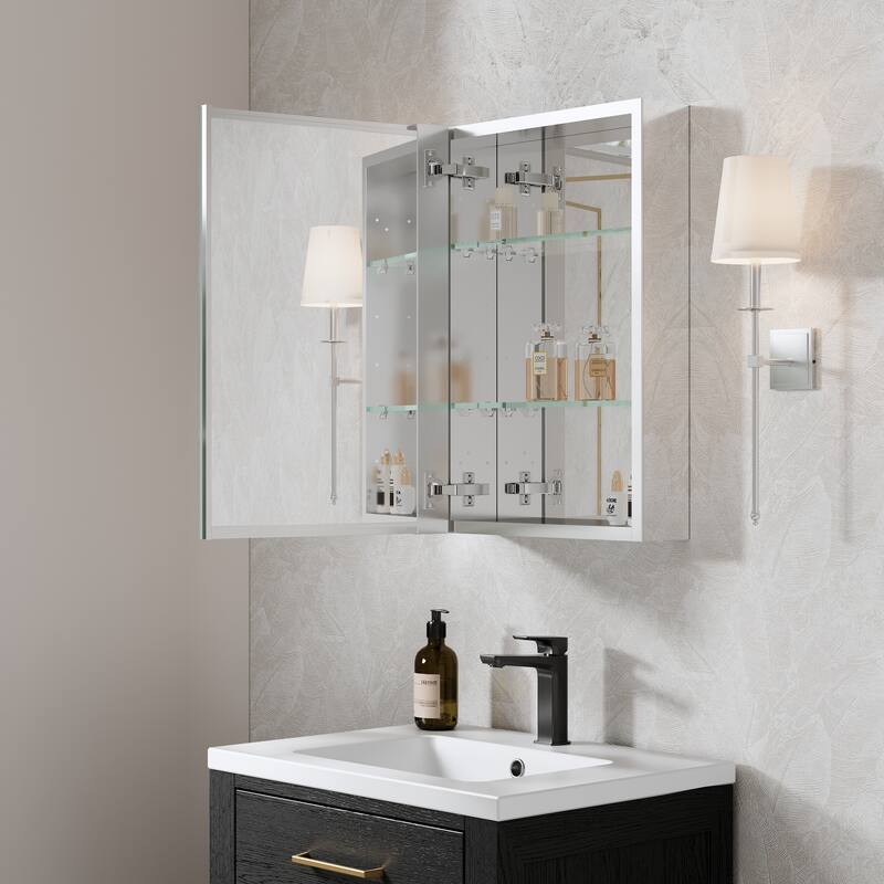 Recessed or Surface Wall Mount Bathroom Medicine Cabinet With Adjustable Glass Shelves