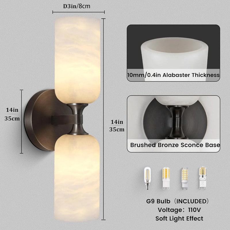 KAYLA 14 in. 2-Light Gold Modern Natural Alabaster Wall Sconce