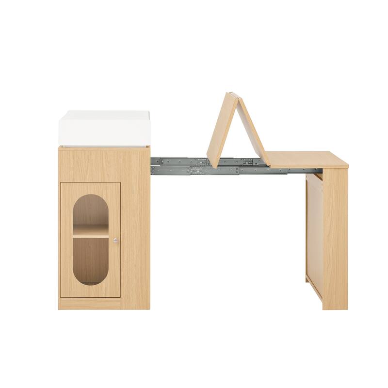 Extendable Kitchen Island Dining Table with Power Outlet, Rolling Sideboard with Folding Tabletop & Drawers