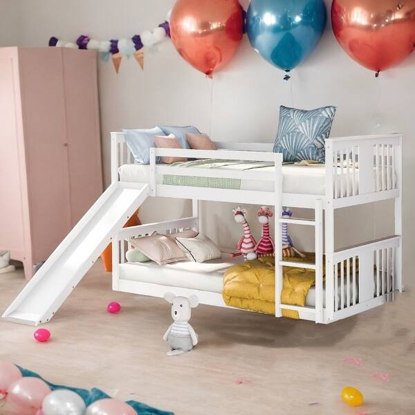 slide 2 of 13, House Shape Design Twin Over Twin Bunk Bed with Slide and Ladder White