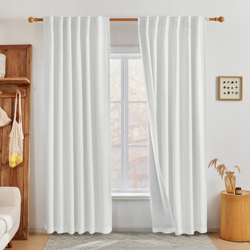 Living Room Curtains Back Tab Rod Pocket Faux Linen Blackout 2 Panels - 52W x 63L - White