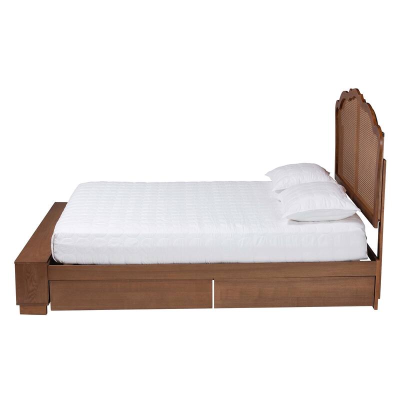 Latrell Mid-Century Walnut Brown Wood and Rattan Storage Bed
