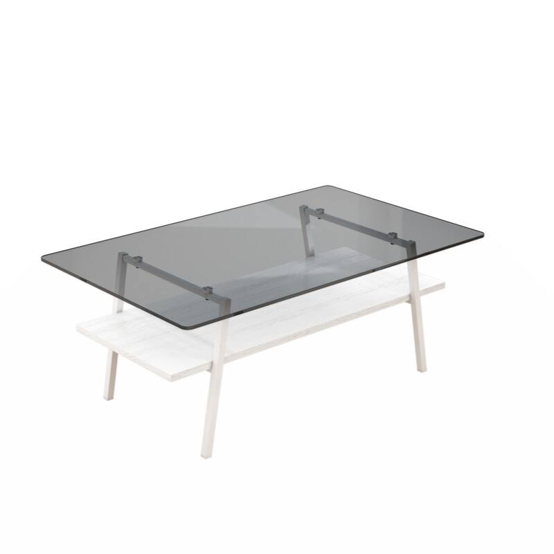 Rectangle Coffee Table, Tempered Glass Tabletop with Black Metal Legs, Modern Table for Living Room
