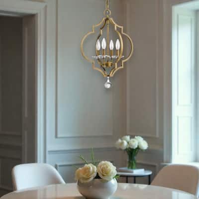 HomeRoots Brass Candle Style Four Light Metal and Crystals Dimmable Chandelier - 16' X '21' X '16