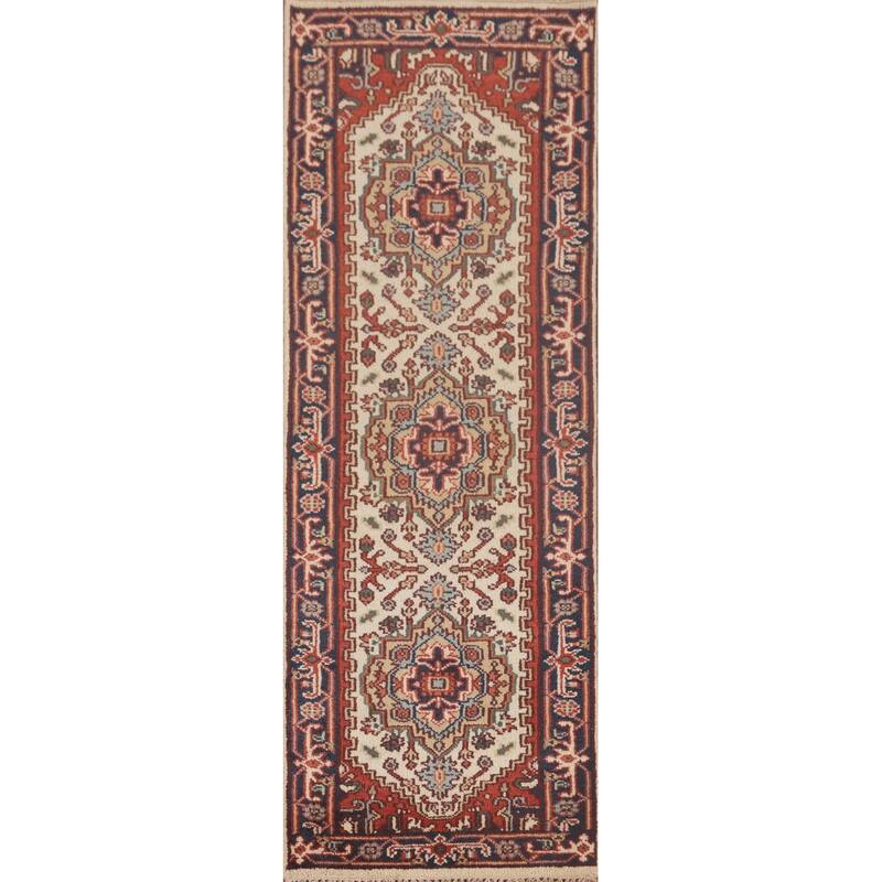 Geometric Heriz Serapi Runner Rug Hand-Knotted Wool Carpet - 2'6"x 7'11"