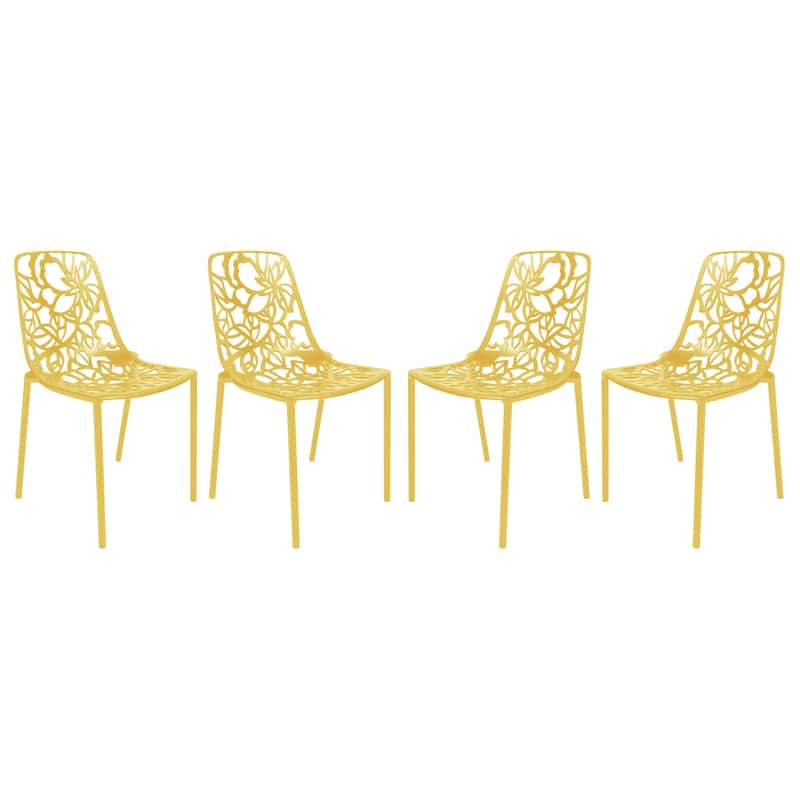 Devon Stackable Outdoor Aluminum Dining Chair with Floral Cutout, UV-Protected, Weather-Resistant Patio Seating - Yellow