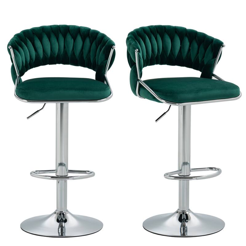Modern Velvet Counter Bar Stools with Backs(Set of 2) - Dark Green-Silver