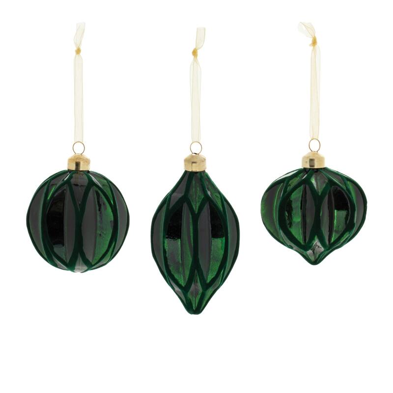 Geometric Ribbed Glass Christmas Ornaments - 5" - Green - 12ct
