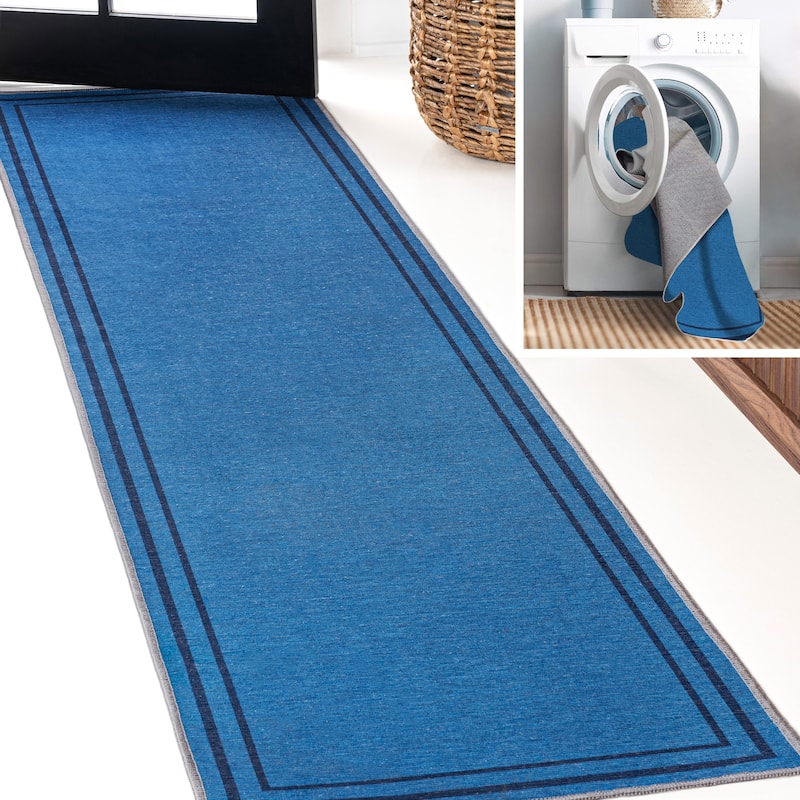 JONATHAN Y Ainsley Classic 2-Stripe Border Washable Area Rug - 2 X 8 - Blue/Navy