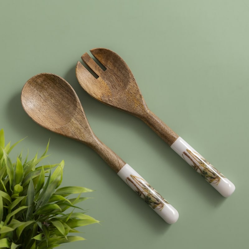 Mango Wood Salad Server Set Of 2 With Print