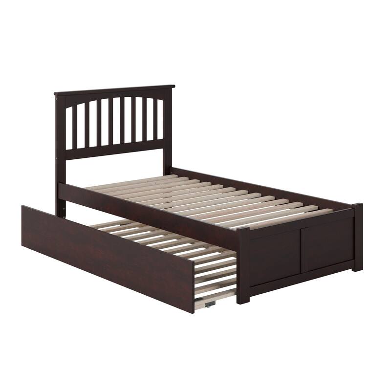 Twin Size Platform Bed with Trundle, USB Port - Espresso Finish, No Box Spring Needed, Modern Design