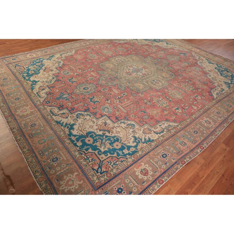 Pink Geometric Tabriz Persian Area Rug Hand-Knotted Wool Carpet - 9'7"x 12'7"