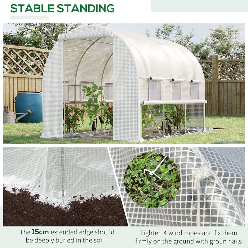 Outsunny 9.7' x 6.5' x 6.5' Walk-in Tunnel Greenhouse, Outdoor Plant Nursery with Quality PE Cover, Zipper Doors White