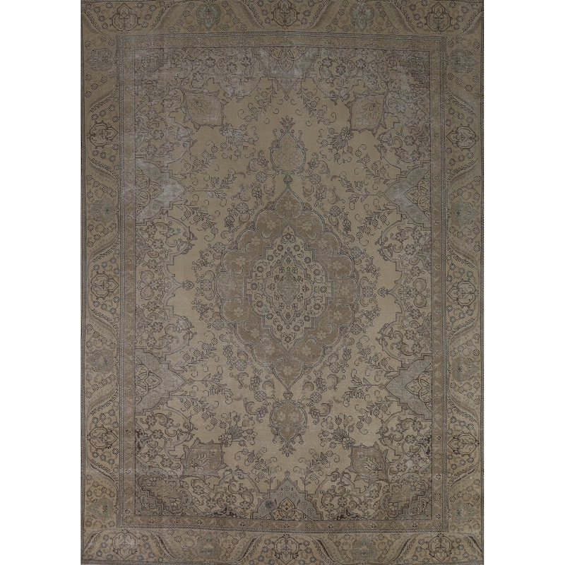 Traditional Tabriz Persian Vintage Rug Handmade Beige Wool Carpet - 9'7" x 12'1"