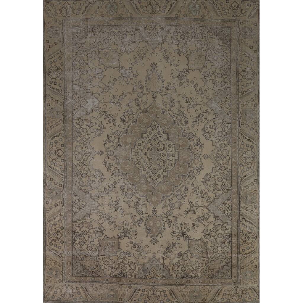 Traditional Tabriz Persian Vintage Rug Handmade Beige Wool Carpet - 9'7" x 12'1"
