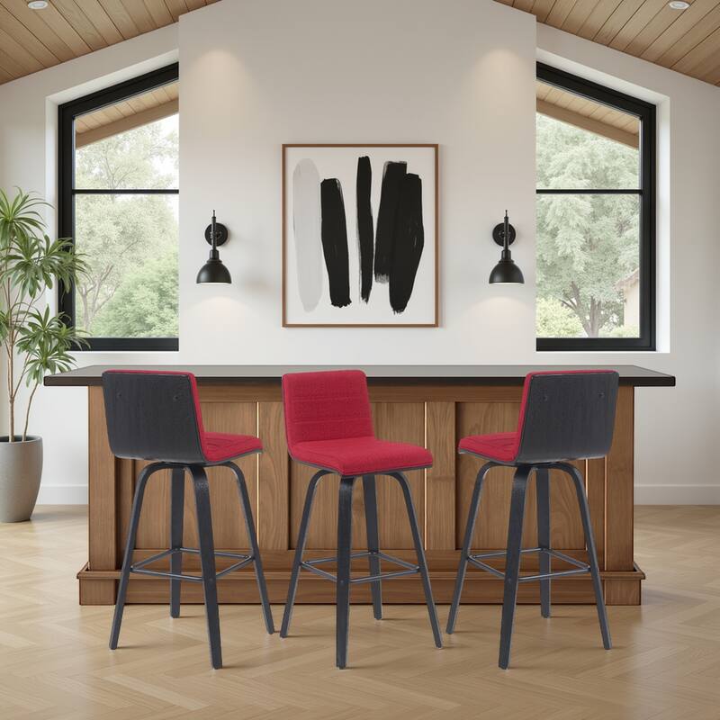 Skara Swivel Bar Stool, Upholstered Bar Height Chair with Bentwood Frame - Red Fabric & Black - Set of 3