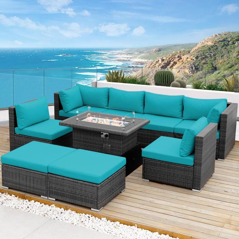 FINCATI Outdoor High-back Wicker Patio Sectional Set, 500 lbs Luxury Oversized Conversation Set, Spacious Couch Set - 242100 - Teal