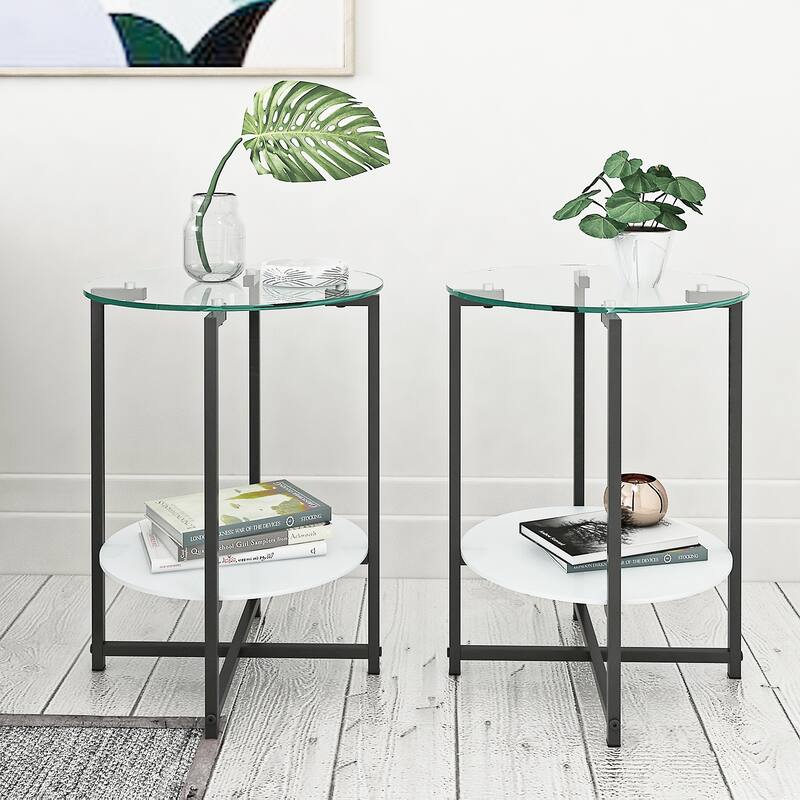 2-piece set (Black) Tempered Glass End Table, Round Coffee Table for Bedroom Living Room Office