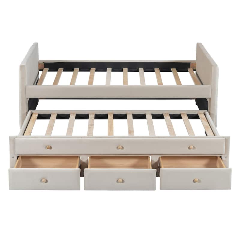 HomeRoots Beige Tufted Velvet Upholstered Twin Day Bed With Trundle And Drawers