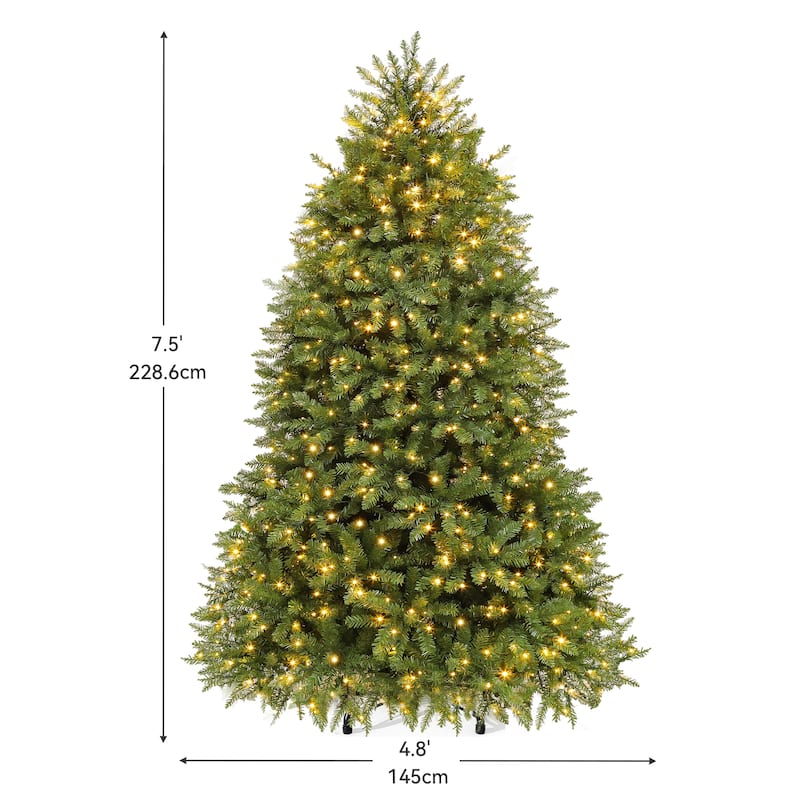 Moasis Artificial Full Christmas Tree, 7.5ft Pre-Lit Christmas Tree with 8 Light-Modes, Includes Stand, Green Bell