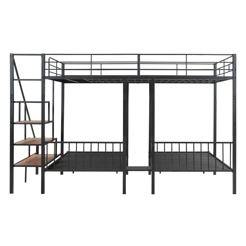 Full Over Twin-Twin Triple Bunk Bed with Drawers and Staircase, Black