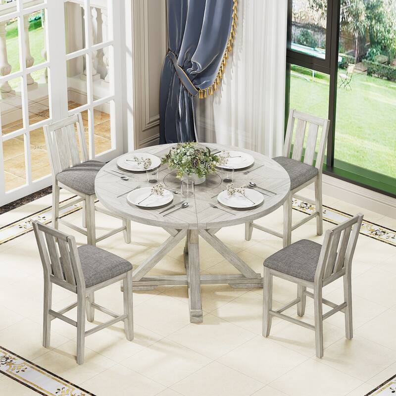 Drop Leaf Kitchen Table and Chairs Set Solid Wood Counter Height Kitchen Table and Chairs Set, Round Table Set for Dining Room - 5-Piece Sets