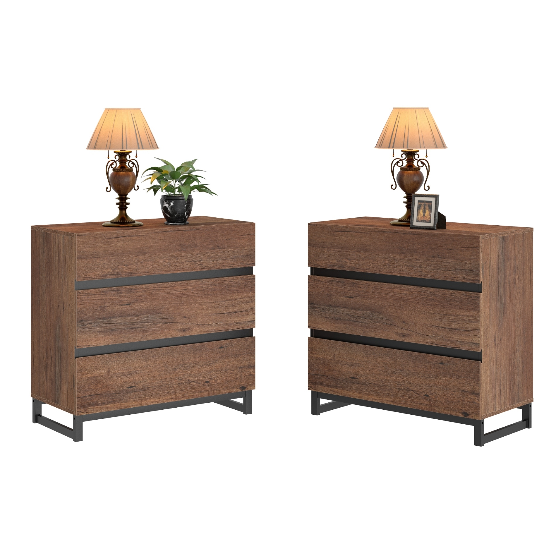 WAMPAT Nightstand with 3 Drawers for Bedroom, Modern Bedside Table with Black Square Iron Leg, Wood Rustic Side Table