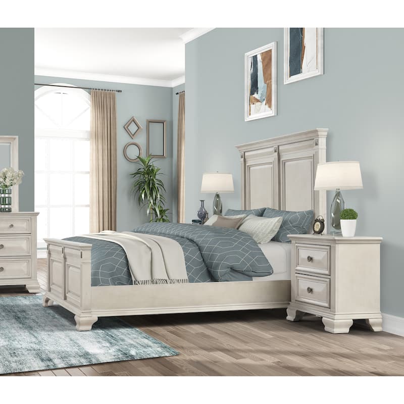 Roundhill Furniture Renova 3-Piece Distressed Parchment Wood Bedroom Set, Panel Bed with 2 Nightstands