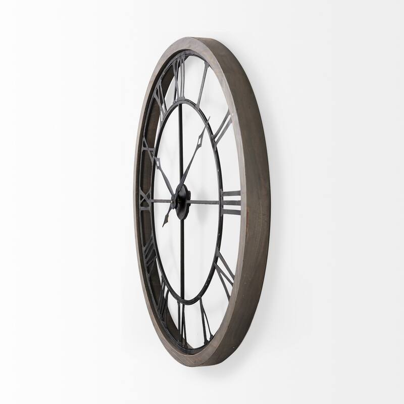 Mething Gray Wood and Black Metal 32" Round Wall Clock - 31.5"W x 2.4"D x 31.4"H