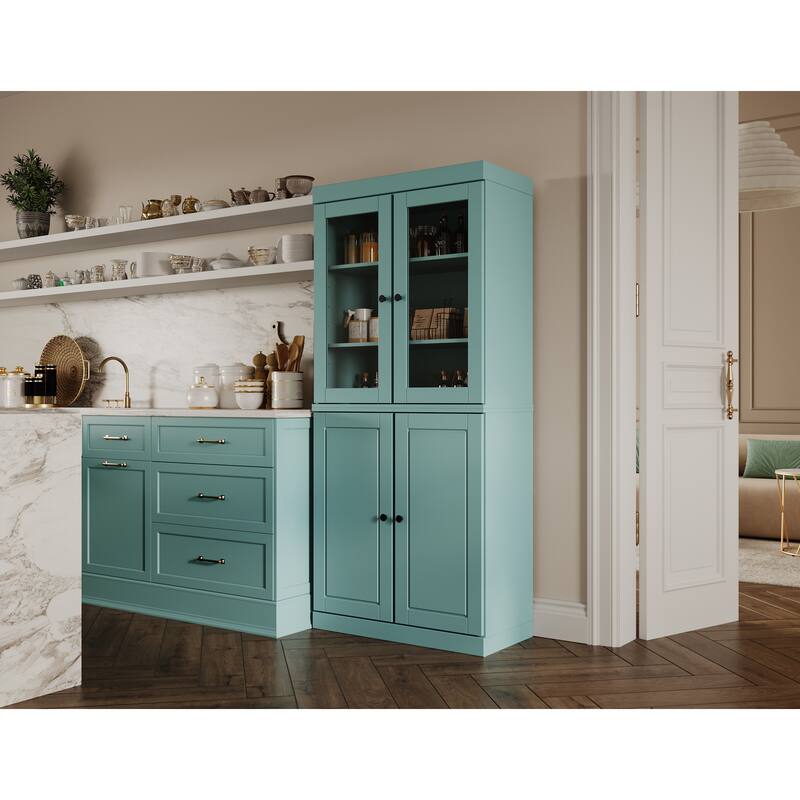 Palace Imports Solid Wood Pantry Cabinet, Raised Panel & Clear Glass Doors, 2 Drawers, Adjustable Shelves