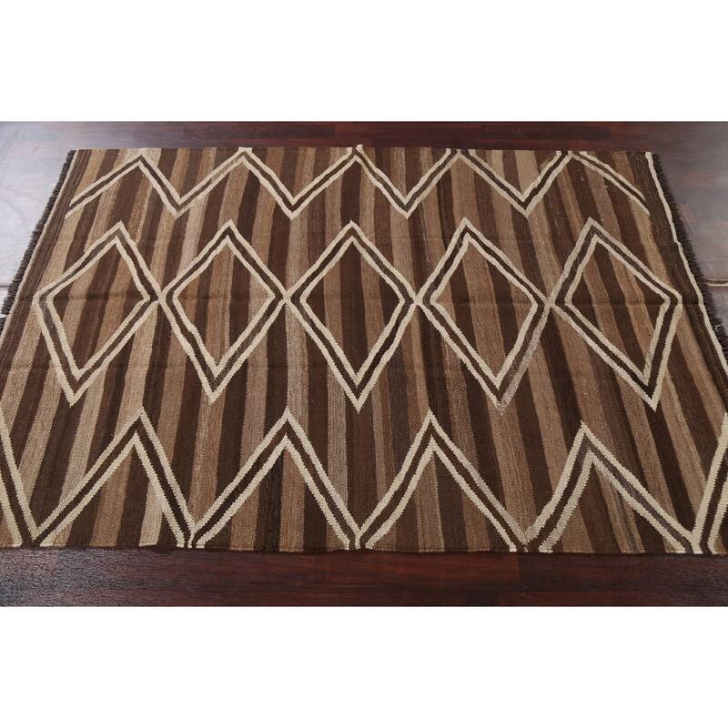 Natural Dye Geometric Kilim Oriental Area Rug Hand-woven Wool Carpet - 4'6" x 6'5"