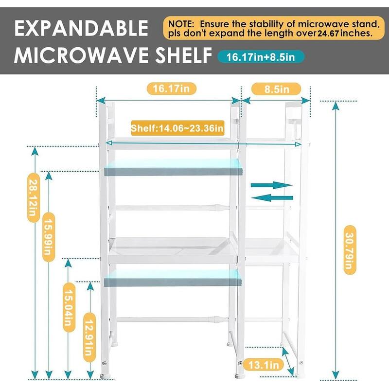 Expandable Microwave Rack, Countertop Kitchen - 12.6"D x 23.6"W x 30"H
