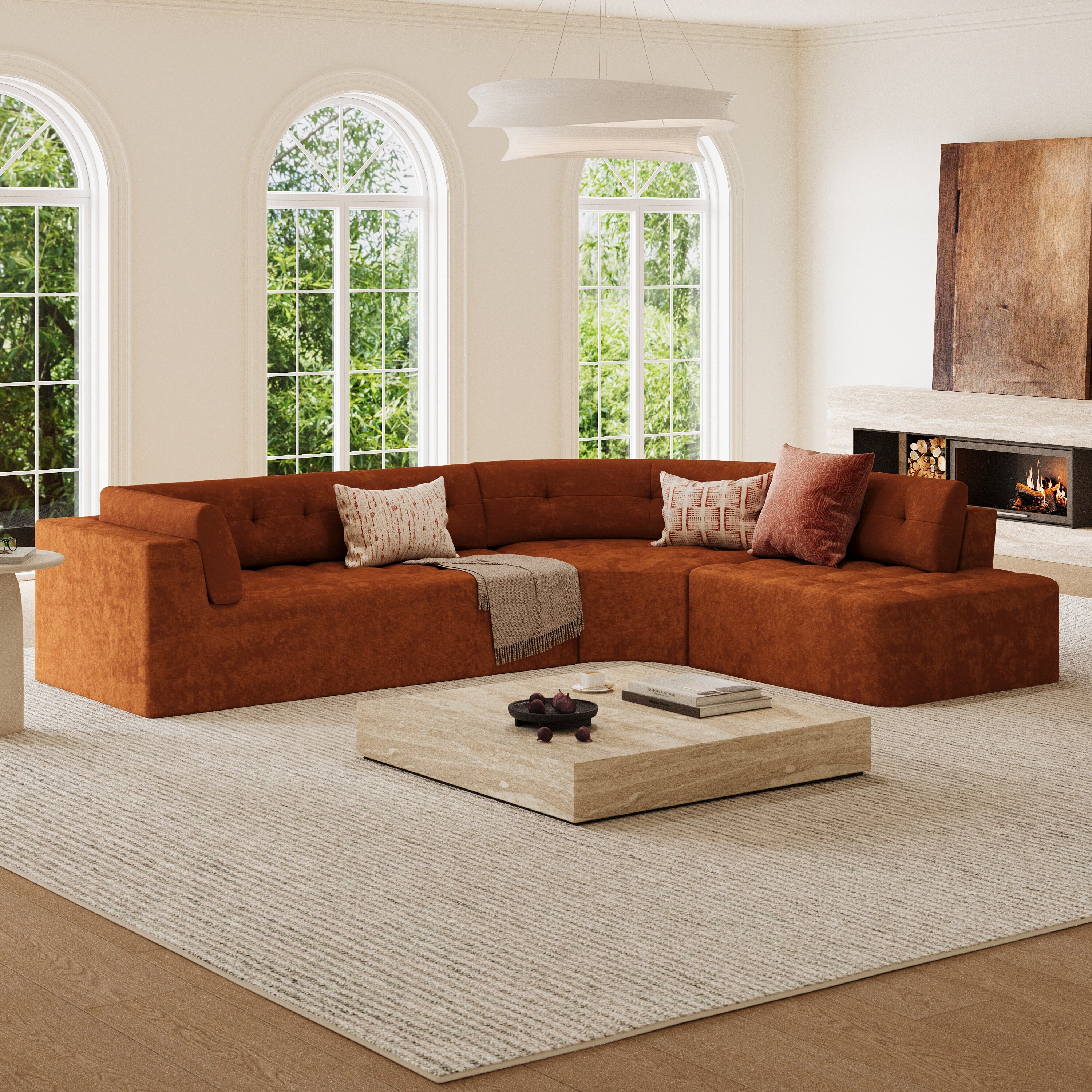 119" Sectional Sofa, Curved L-Style Couch with Fully Upholstered Arms, Tufted Design, Modern Minimalist Look