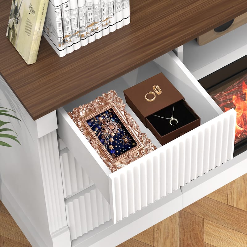 Modern TV Stand with Electric Fireplace for TVs up to 80" with LED Lights, Storage Cabinet & Drawers for Living Room