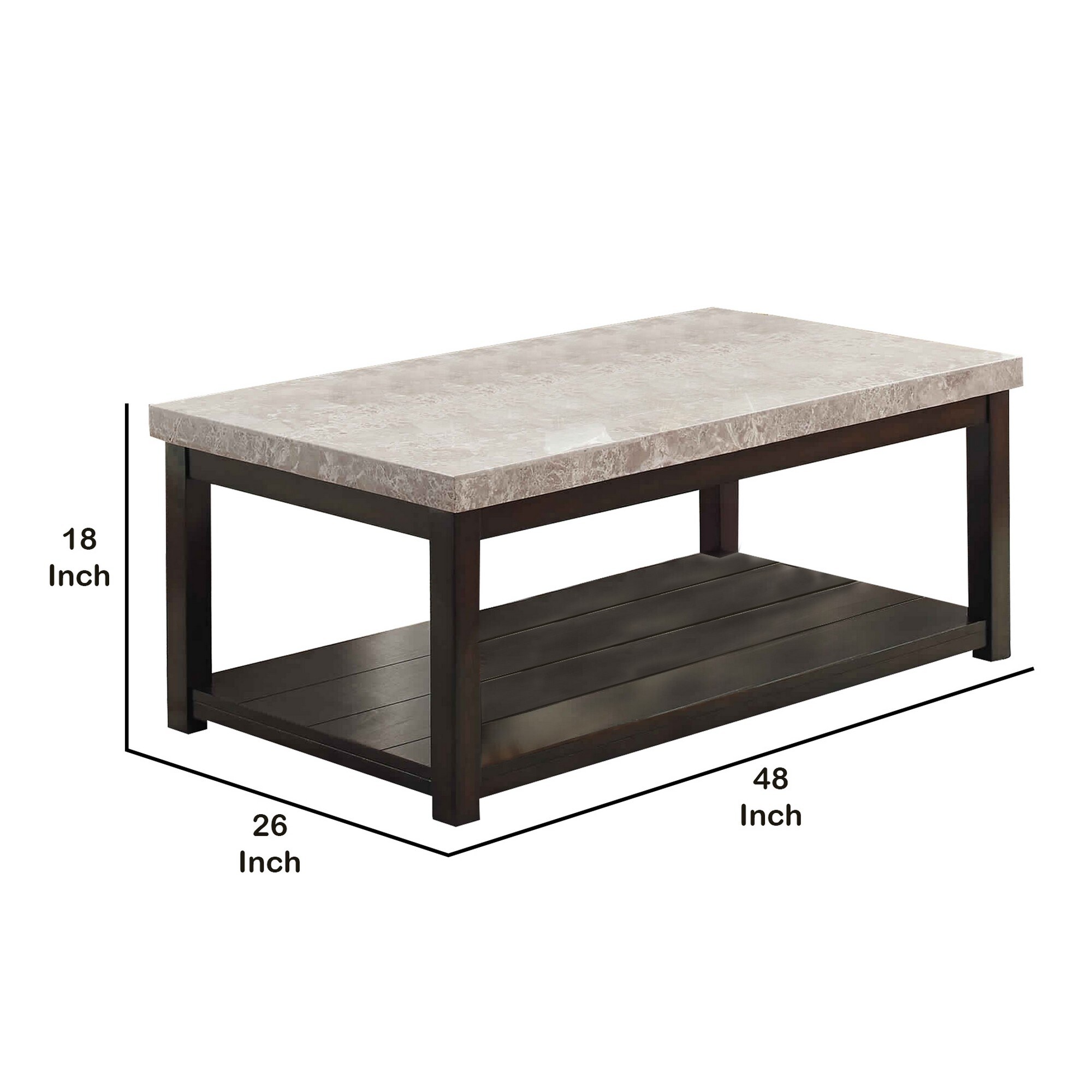 Transitional Coffee Table With Marble Top And Open Bottom Shelf