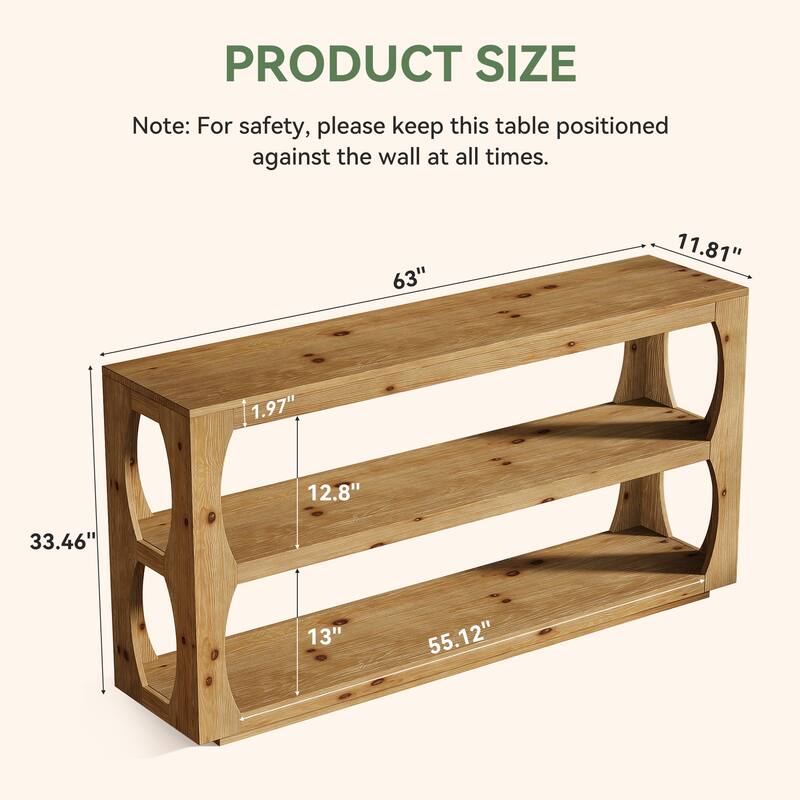 63" Solid Wood Console Table with 3-Tier Storage