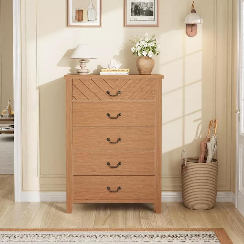 Farmhouse 5-Drawer Dresser for Bedroom, Freestanding Vertical Wooden Storage Chest